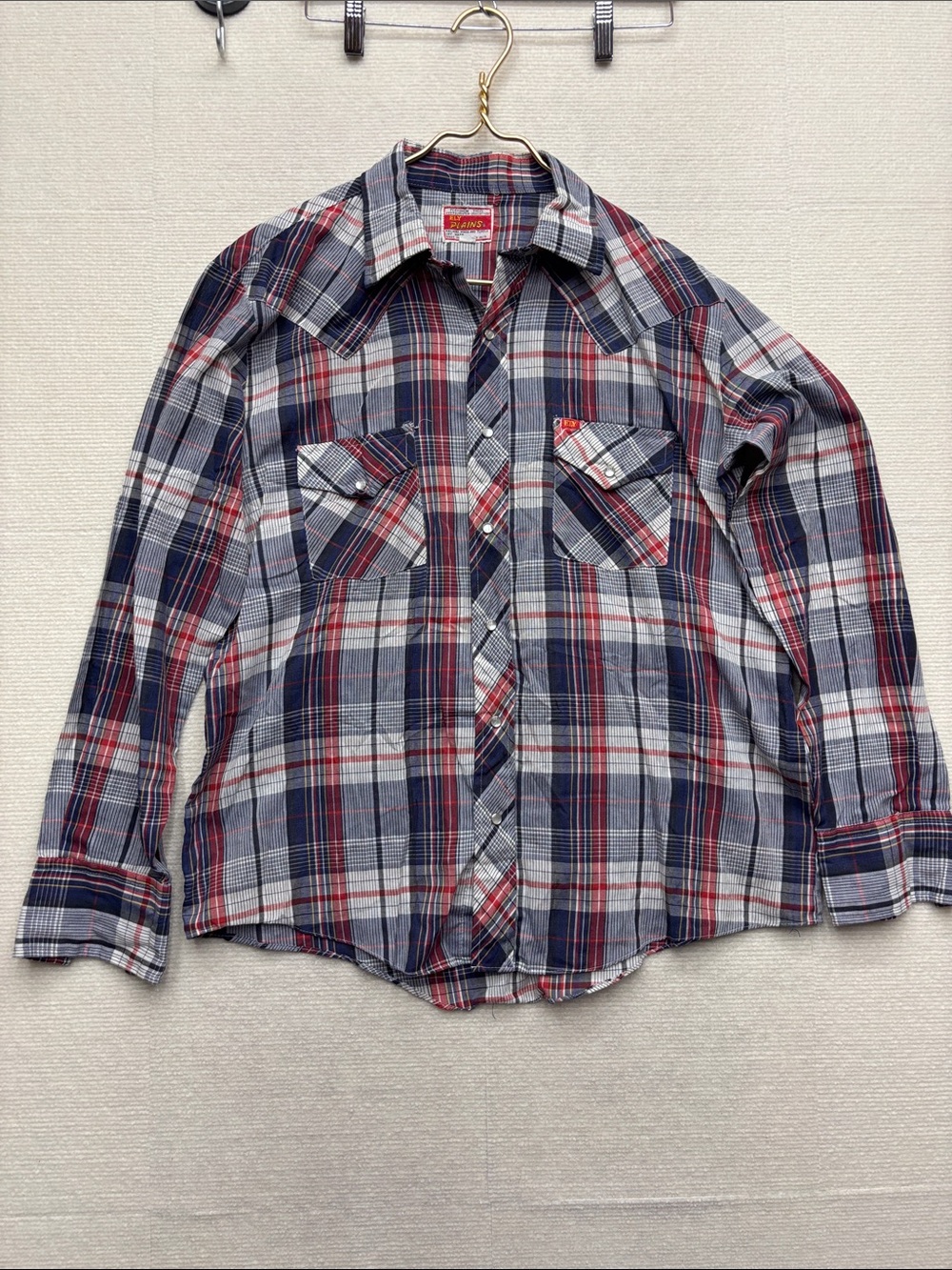 Ely Plains | vintage 16.5-35 Men's Plaid Button-Up Shirt - Navy & Red pearl snap